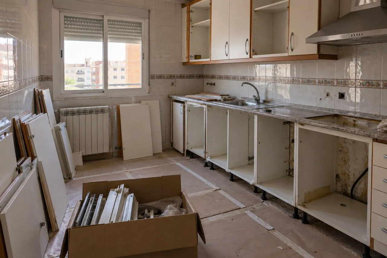 Cocina a medio desmontar, con las puertas de los armarios fuera